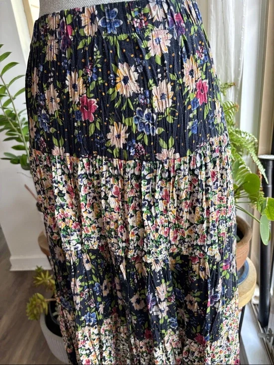 Vintage Black Floral Tiered Maxi Skirt with Pink and Blue Blossoms - Picture 5 of 6